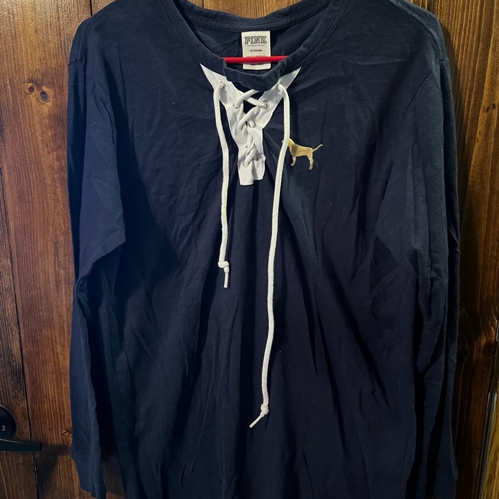 Navy Blue Long Sleeve Shirt with Lace-Up Detail